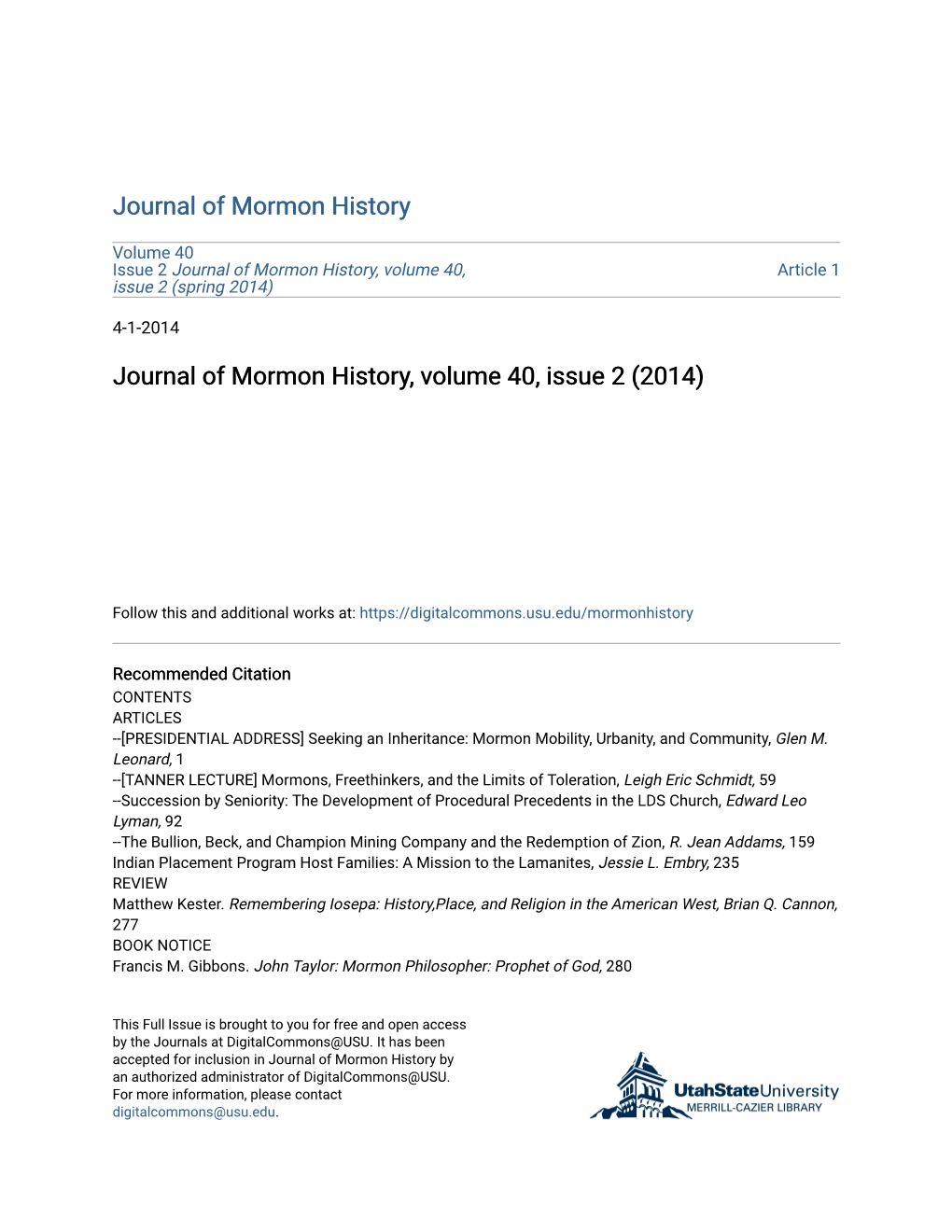 Journal of Mormon History, Volume 40, Issue 2 (2014)