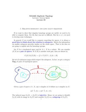 MA3403 Algebraic Topology Lecturer: Gereon Quick Lecture 05 5. Relative Homology and Long Exact Sequences If We Want to Show