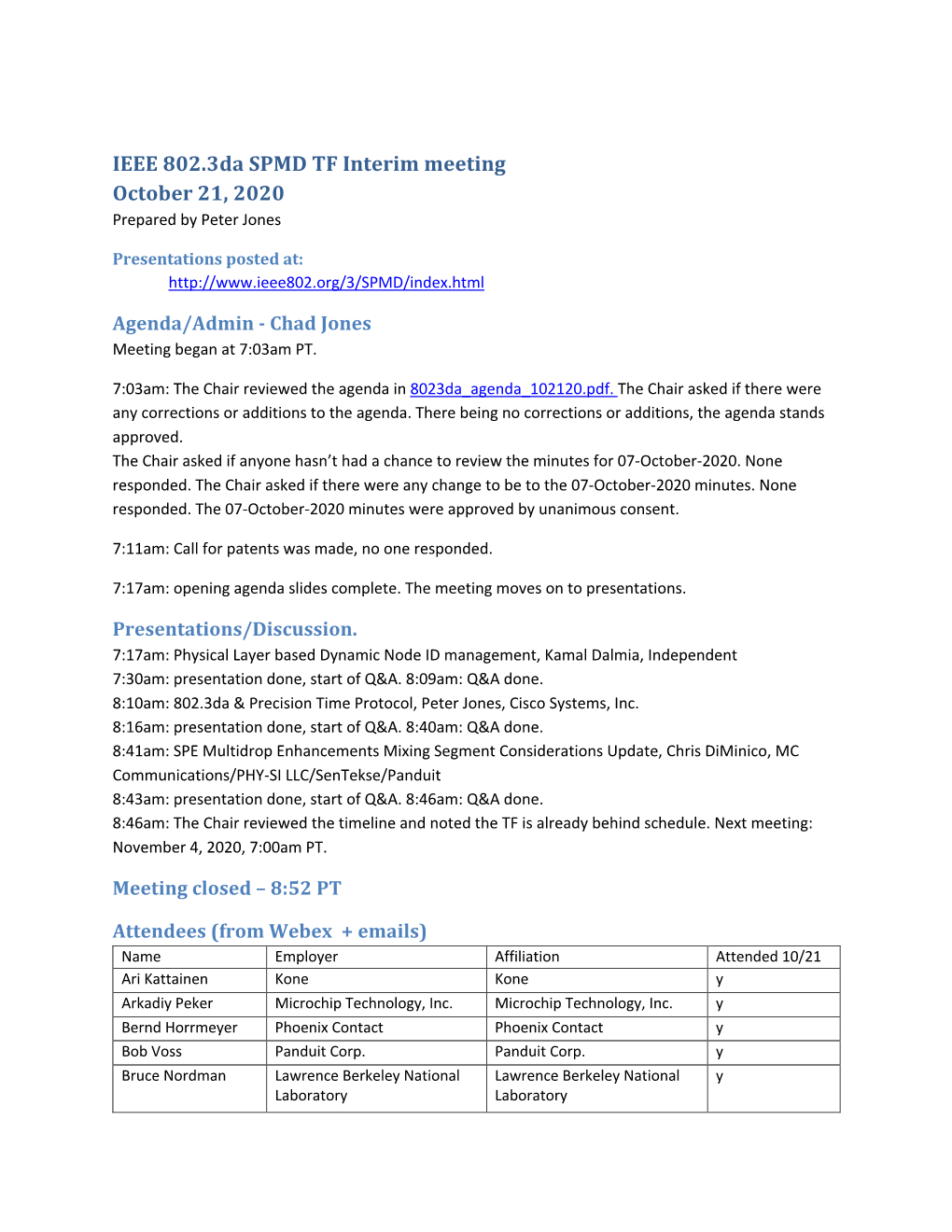 IEEE 802.3Da SPMD TF Interim Meeting October 21, 2020 Prepared by Peter Jones