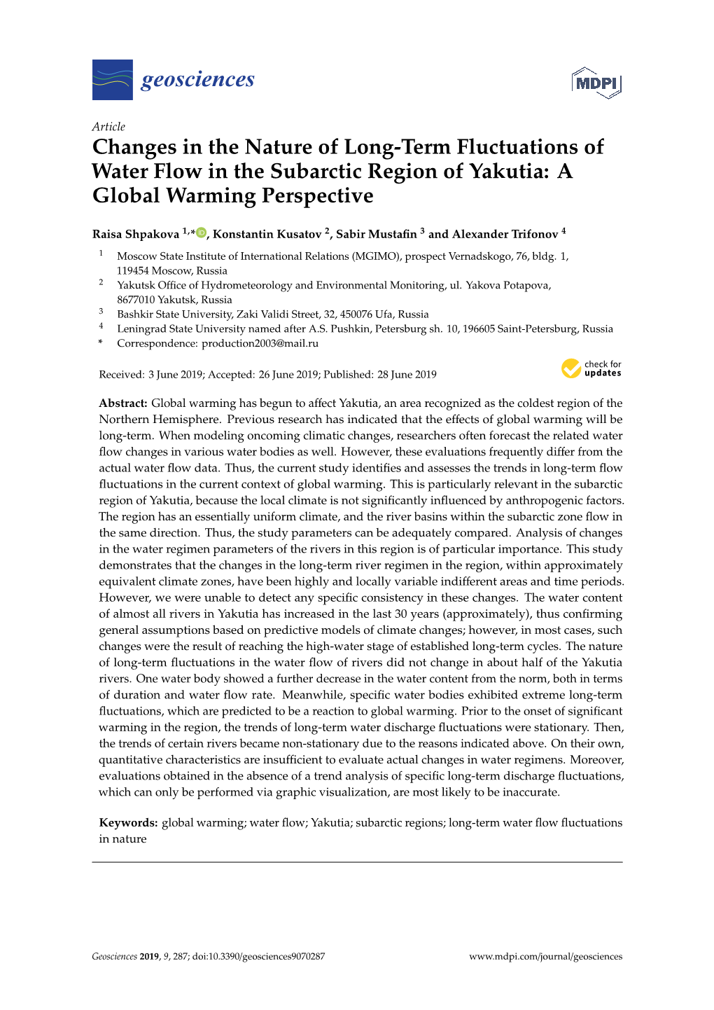 Changes in the Nature of Long-Term Fluctuations of Water Flow in the Subarctic Region of Yakutia: a Global Warming Perspective