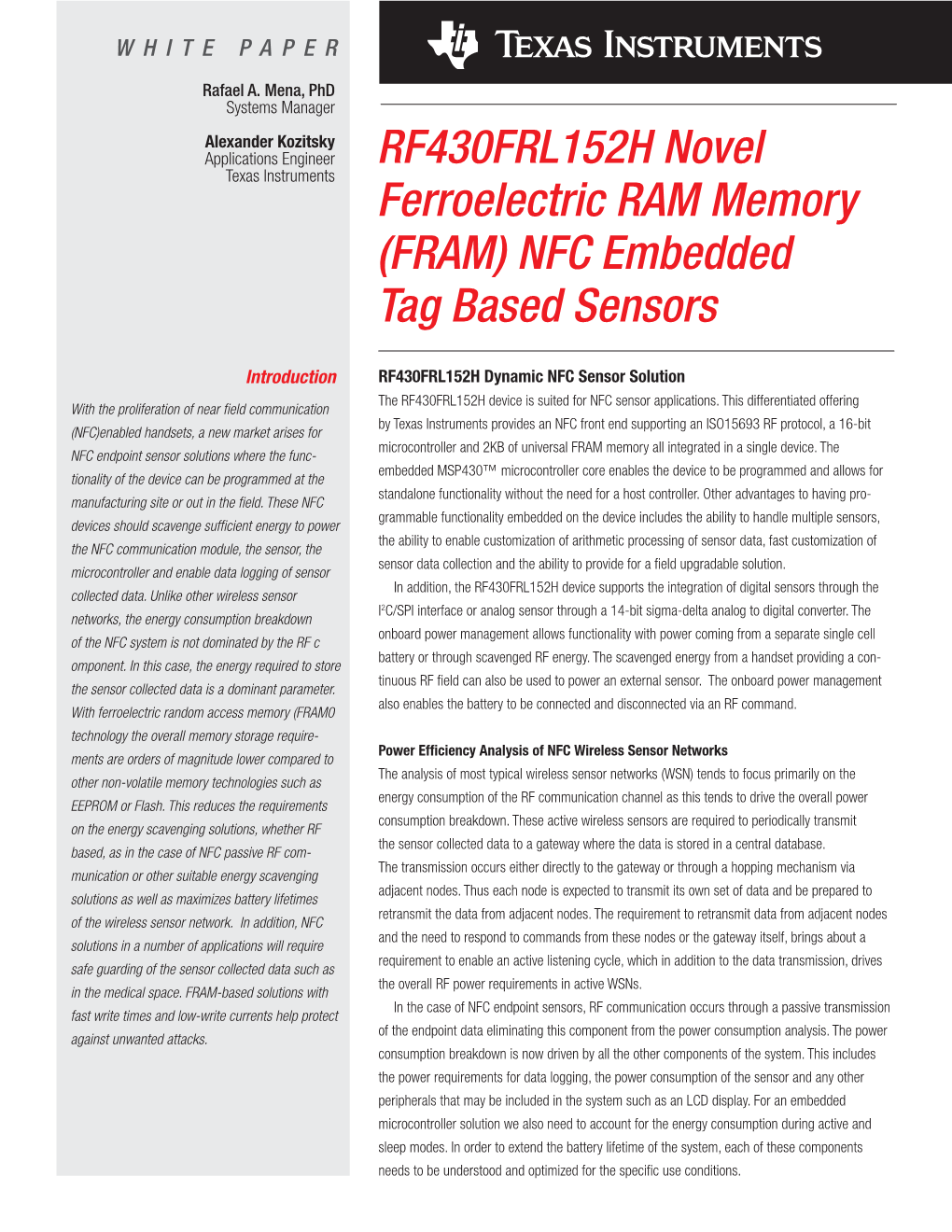 RF430FRL152H Novel Ferroelectric RAM Memory NFC Embedded Tag Based Sensors
