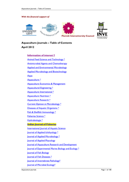 Aquaculture Journals – Table of Contents April 2012