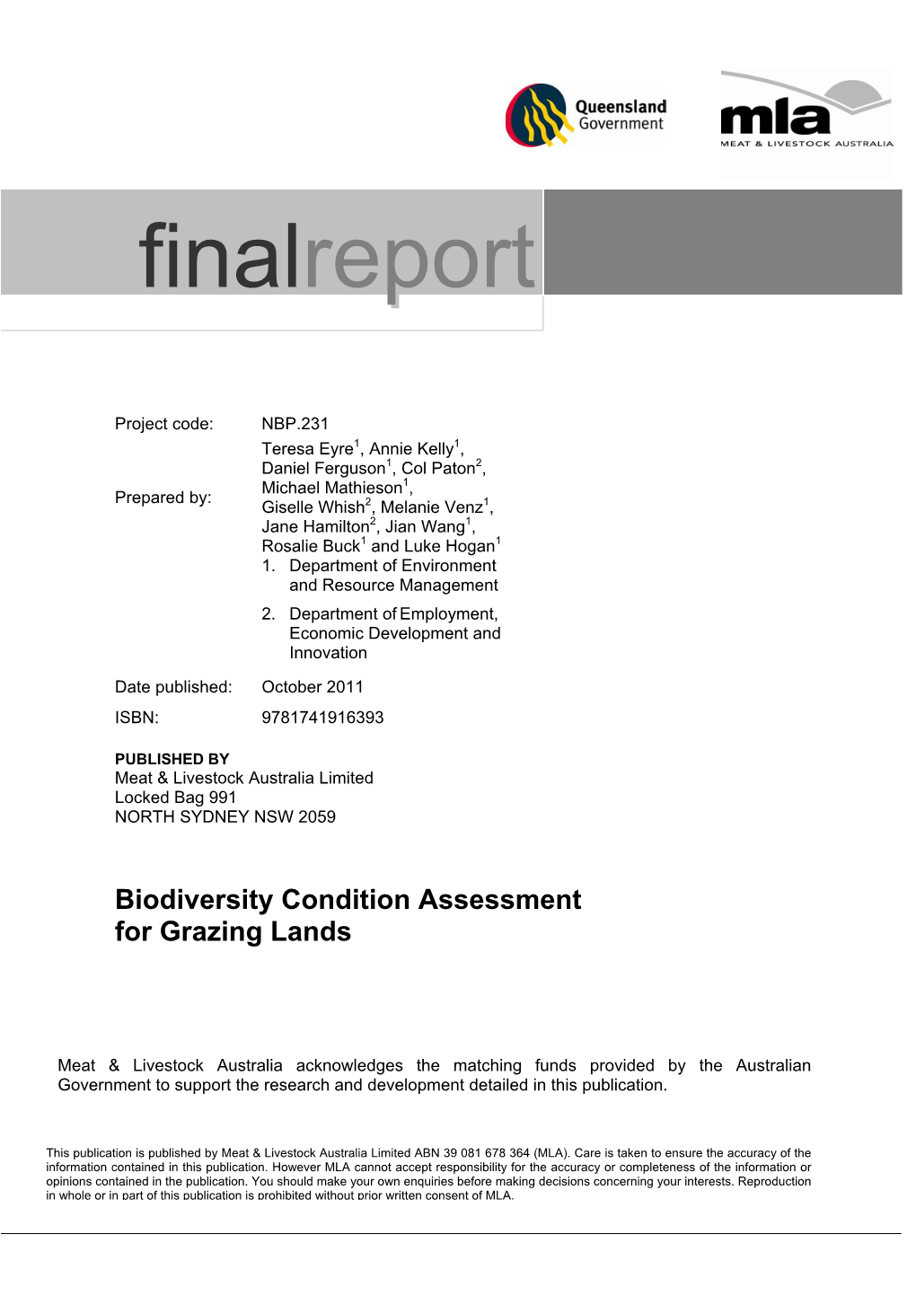 Biodiversity Condition Assessment for Grazing Lands