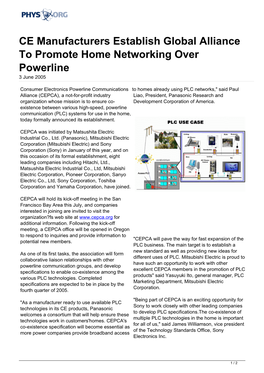 CE Manufacturers Establish Global Alliance to Promote Home Networking Over Powerline 3 June 2005