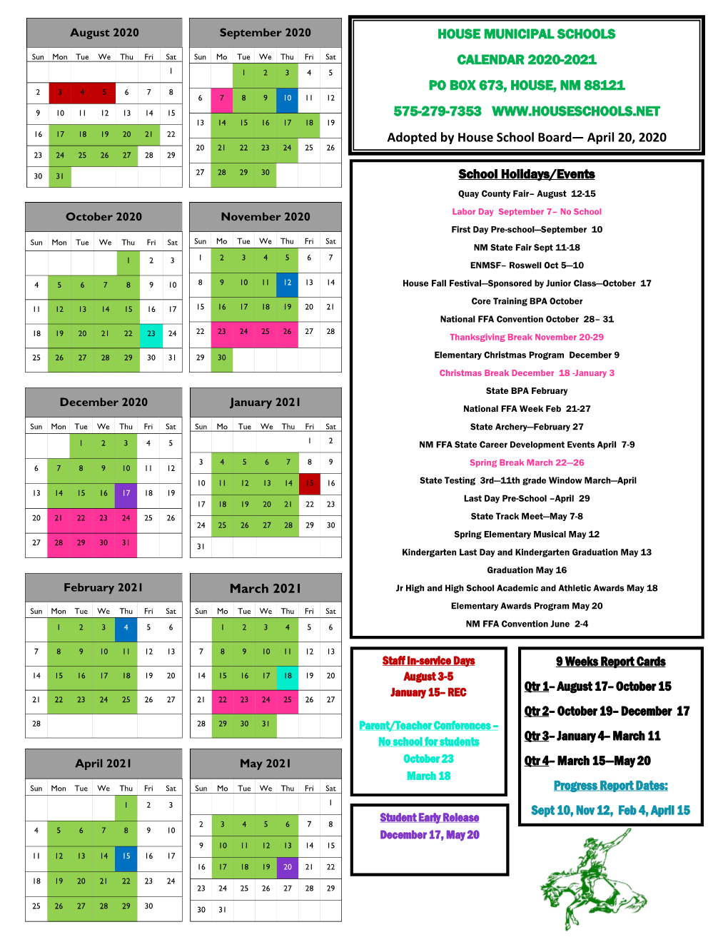 House Municipal Schools Calendar 2020-2021 Po Box