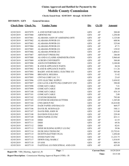 Commission Meeting Approval Report (VBS) - JS Claims Approved and Ratified for Payment by the Mobile County Commission