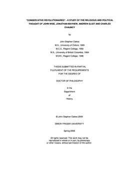 "Conservative Revolutionaries" -A Study of the Religious and Political Thought of John Wise, Jonathan Mayhew, Andrew Eliot and Charles Chauncy