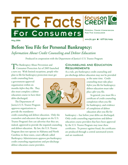 Before You File for Personal Bankruptcy: Information About Credit Counseling and Debtor Education Produced in Cooperation with the Department of Justice’S U.S