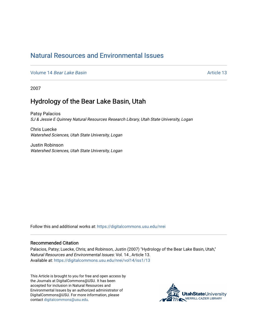 Hydrology of the Bear Lake Basin, Utah