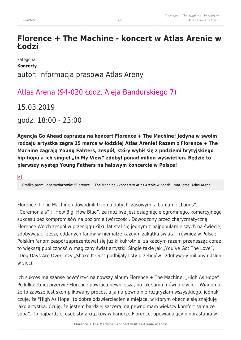 Florence + the Machine - Koncert W 23-09-21 1/2 Atlas Arenie W Łodzi