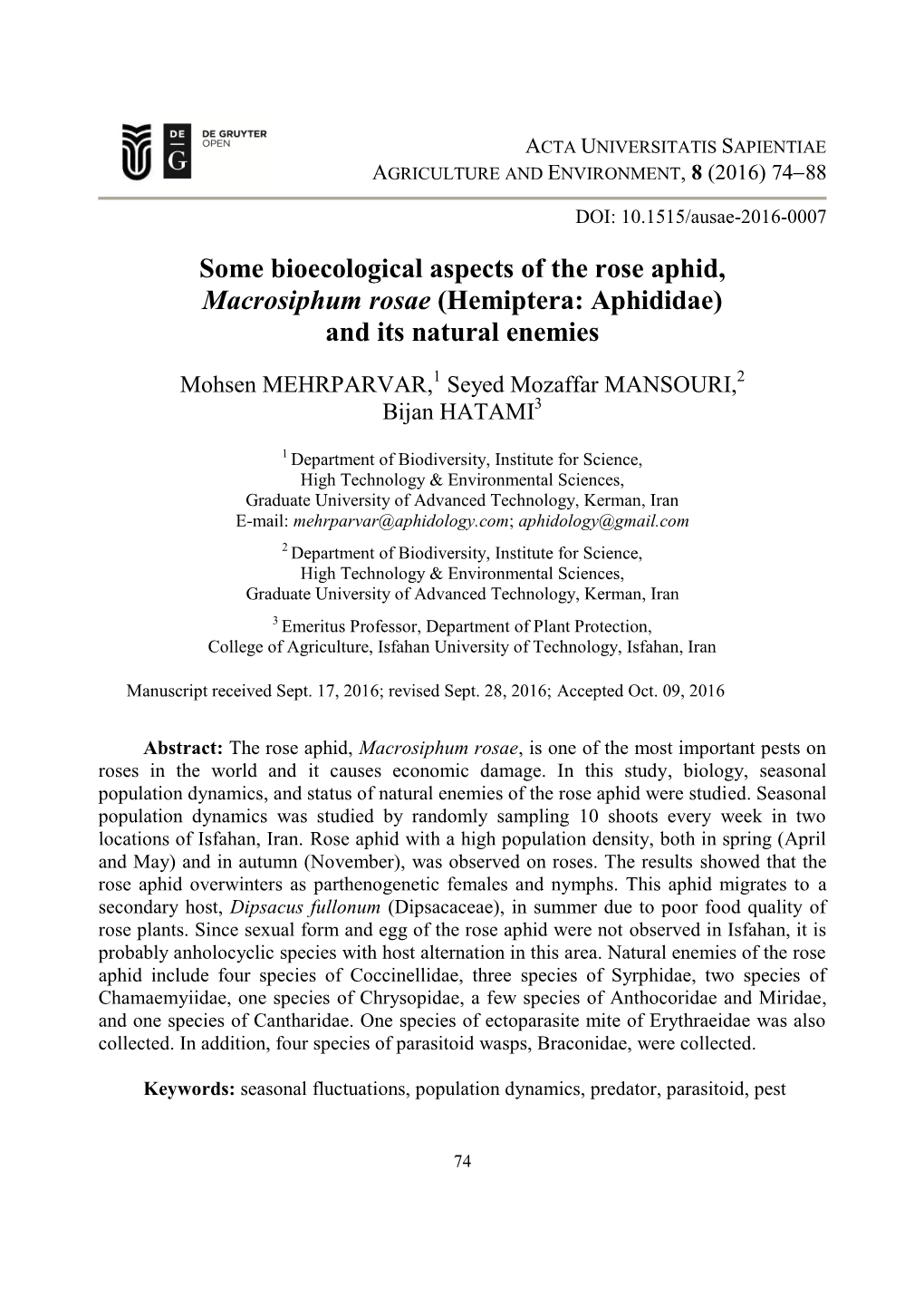 Some Bioecological Aspects of the Rose Aphid, Macrosiphum Rosae (Hemiptera: Aphididae) and Its Natural Enemies