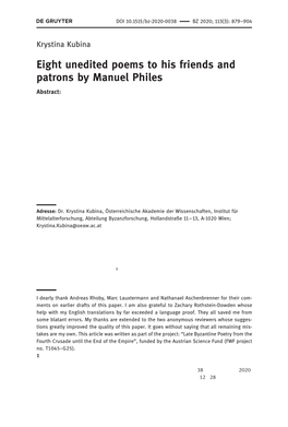 Eight Unedited Poems to His Friends and Patrons by Manuel Philes