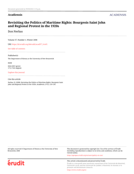 Revisiting the Politics of Maritime Rights: Bourgeois Saint John and Regional Protest in the 1920S Don Nerbas