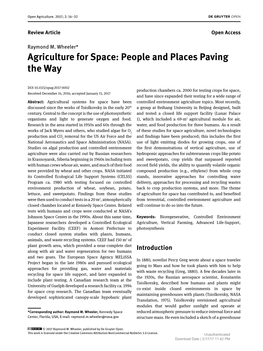 Agriculture for Space: People and Places Paving the Way