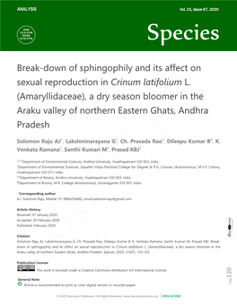Break-Down of Sphingophily and Its Affect on Sexual Reproduction in Crinum Latifolium L. (Amaryllidaceae), a Dry Season Bloomer