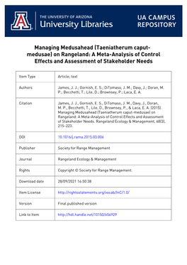 Managing Medusahead (Taeniatherum Caput-Medusae) on Rangeland: a Meta-Analysis of Control Effects and Assessment of Stakeholder Needs