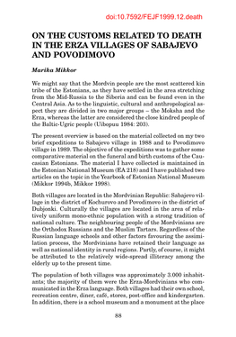 On the Customs Related to Death in the Erza Villages of Sabajevo and Povodimovo