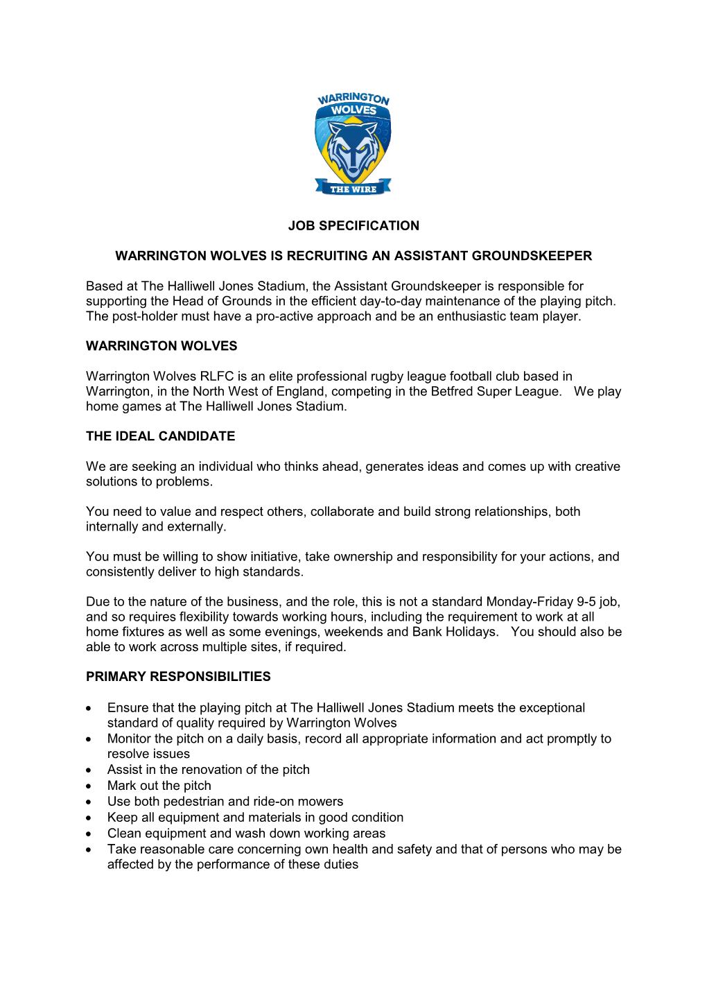 Job Specification Warrington Wolves Is Recruiting An