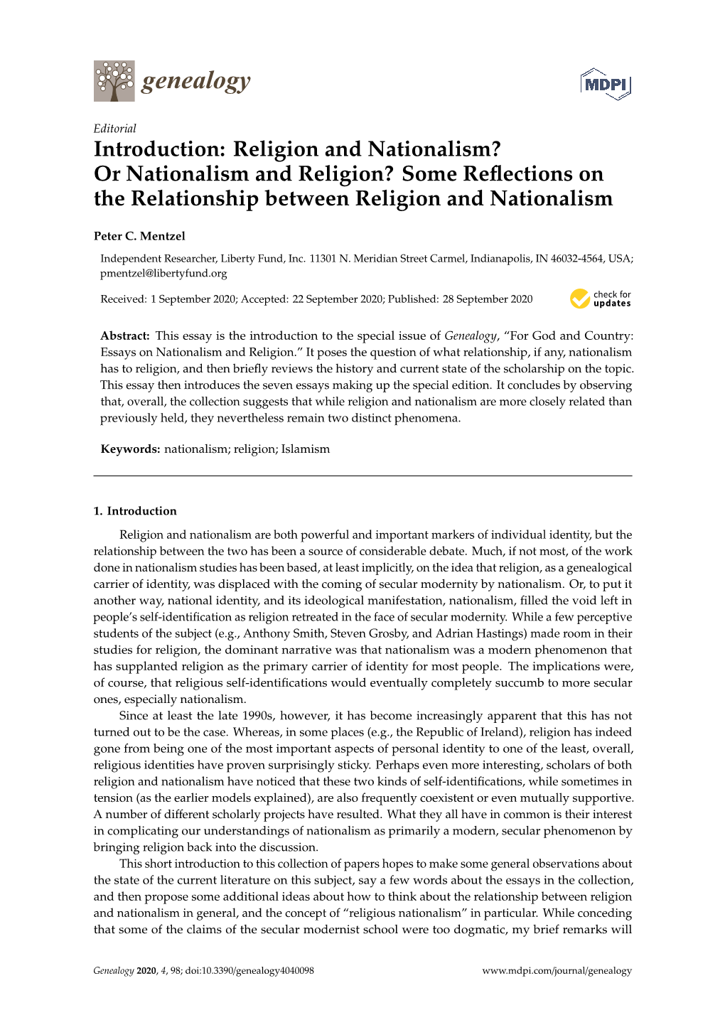 Or Nationalism and Religion? Some Reﬂections on the Relationship Between Religion and Nationalism