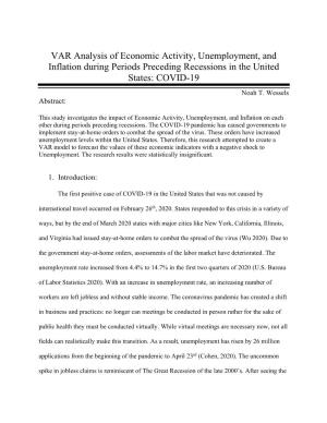 VAR Analysis of Economic Activity, Unemployment, and Inflation During Periods Preceding Recessions in the United States: COVID-19