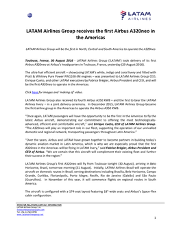 LATAM Airlines Group Receives the First Airbus A320neo in the Americas