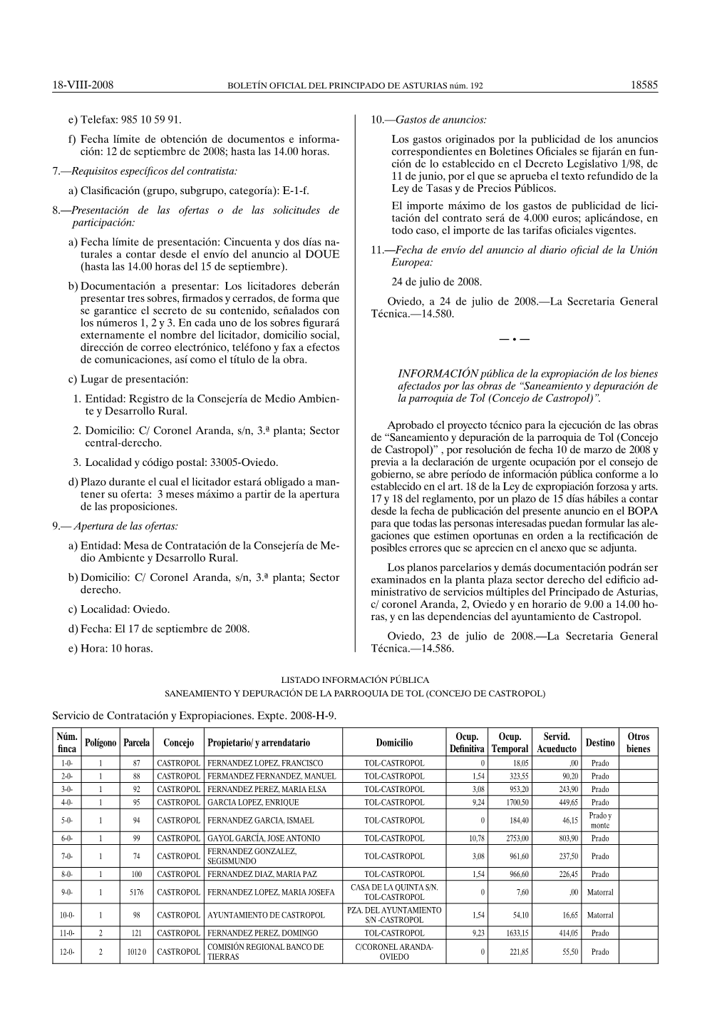 Ción De Documentos E Informa- Los Gastos Originados Por La Publicidad De Los Anuncios Ción: 12 De Septiembre De 2008; Hasta Las 14.00 Horas