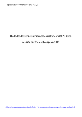 Étude Des Dossiers De Personnel Des Instituteurs (1878-1920)