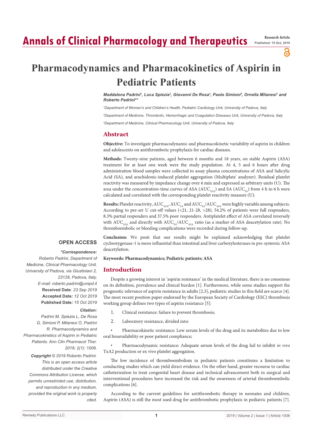 Pharmacodynamics and Pharmacokinetics of Aspirin in Pediatric Patients