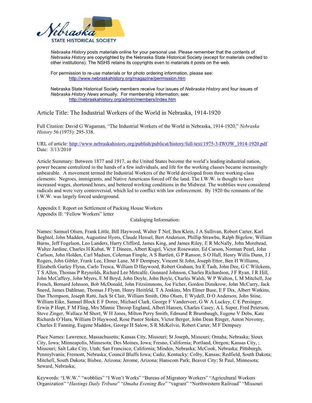 Article Title: the Industrial Workers of the World in Nebraska, 1914-1920