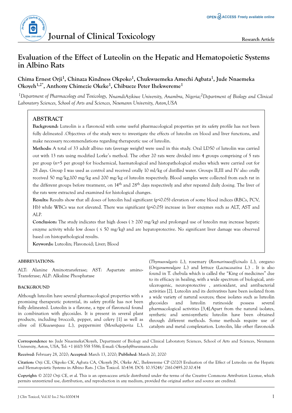 Evaluation of the Effect of Luteolin on the Hepatic and Hematopoietic Systems in Albino Rats