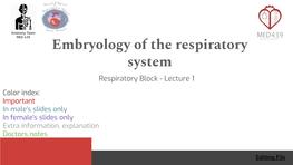 Embryology of the Respiratory System Respiratory Block - Lecture 1