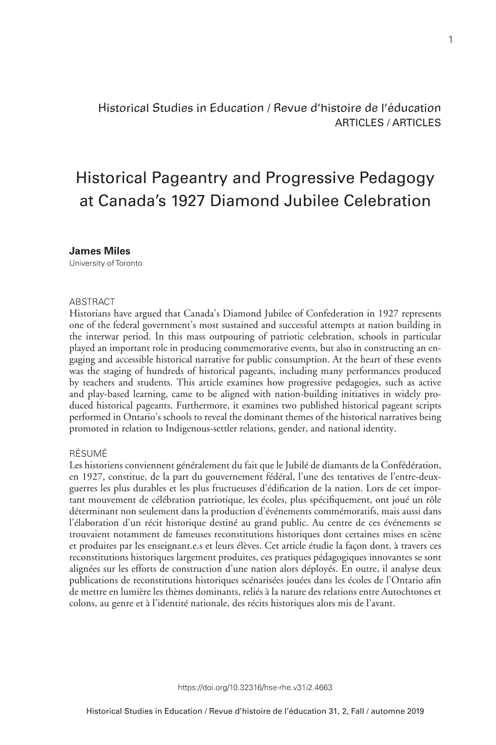 Historical Pageantry and Progressive Pedagogy at Canada's 1927