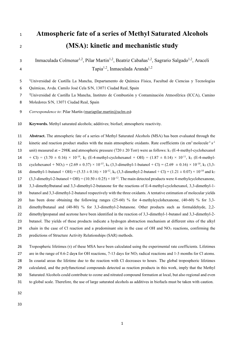 Atmospheric Fate of a Series of Methyl Saturated Alcohols (MSA)