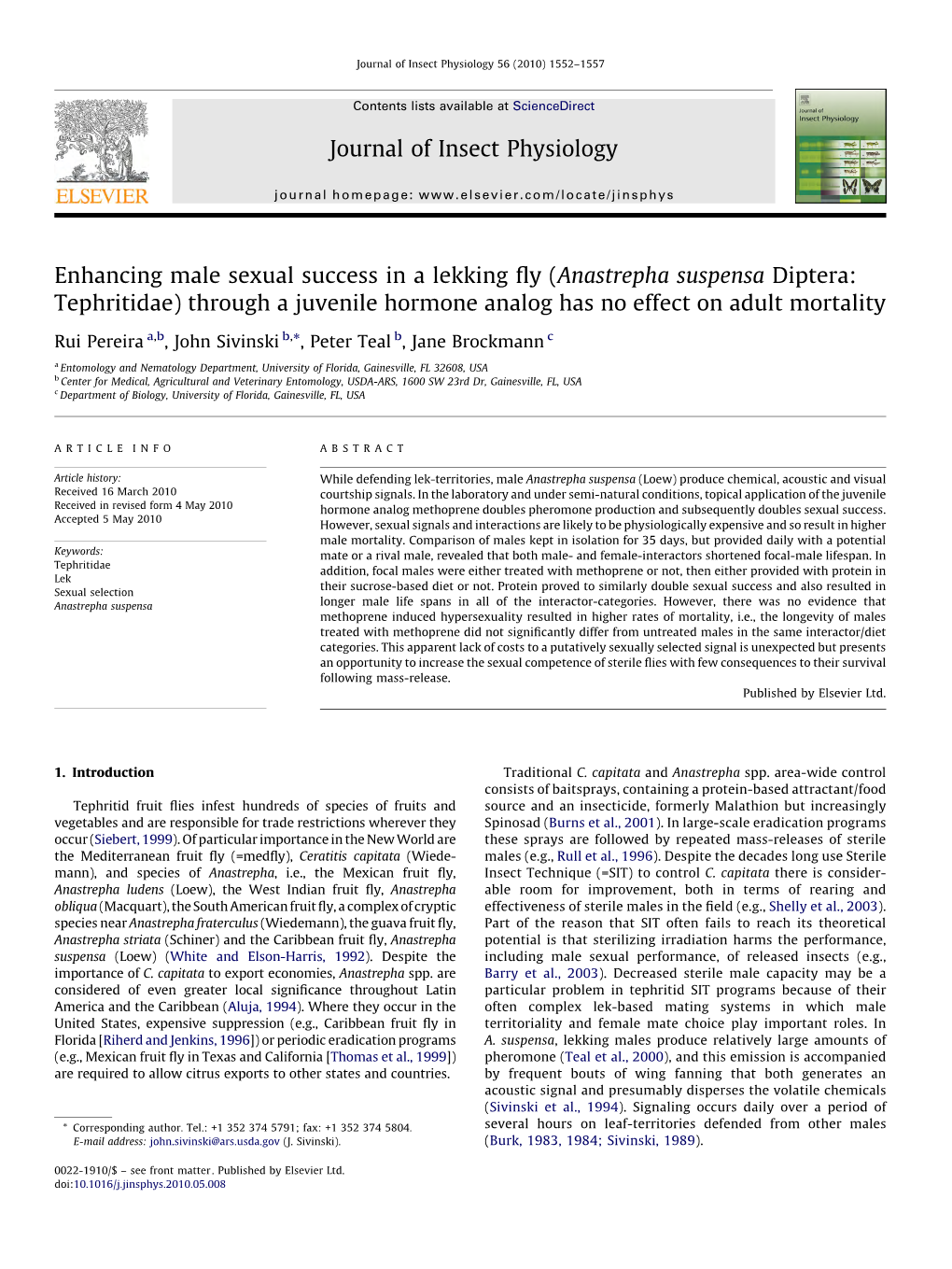 Anastrepha Suspensa Diptera: Tephritidae) Through a Juvenile Hormone Analog Has No Effect on Adult Mortality