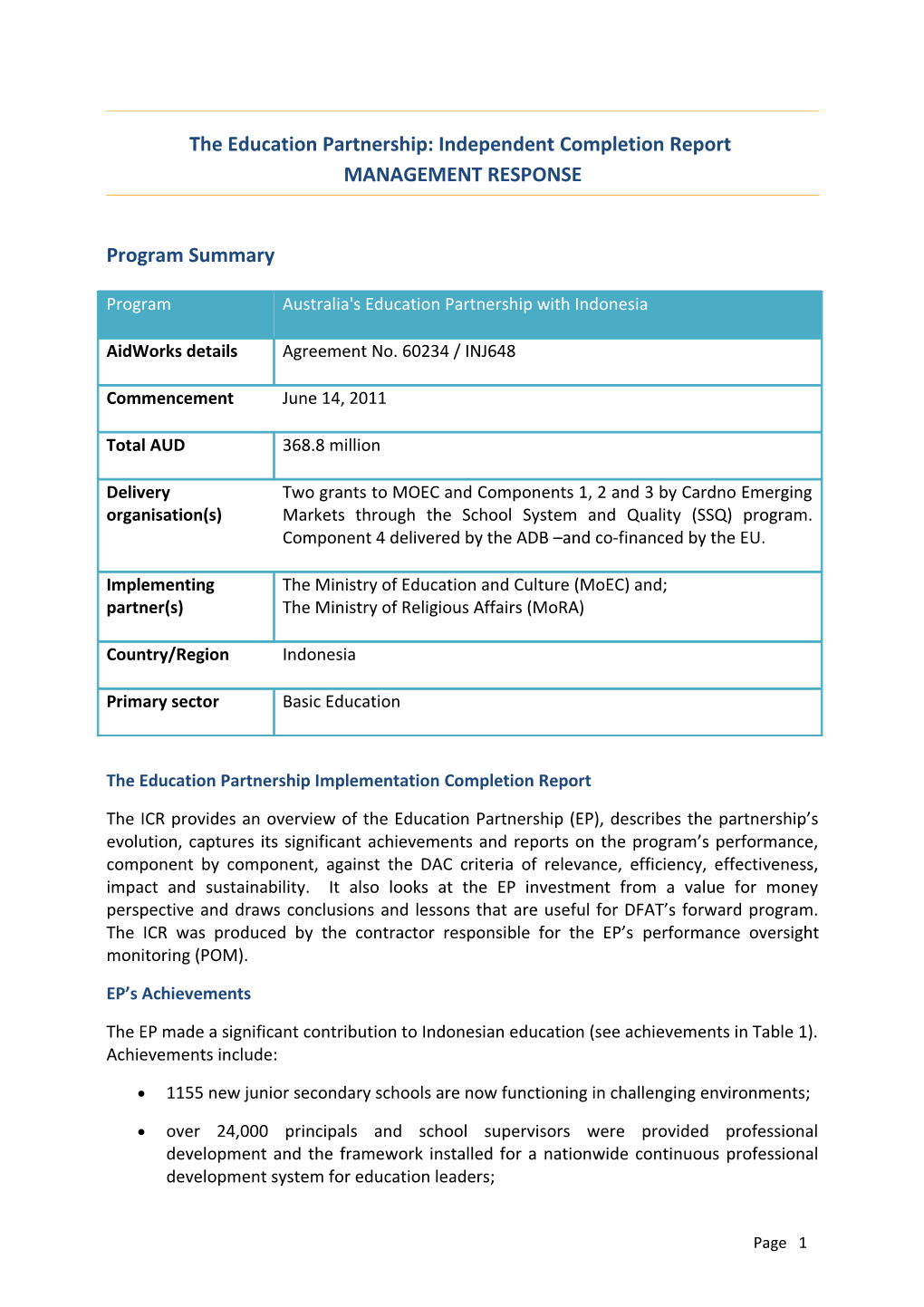 Management Response to Independent Completion Report: Australia's Education Partnership