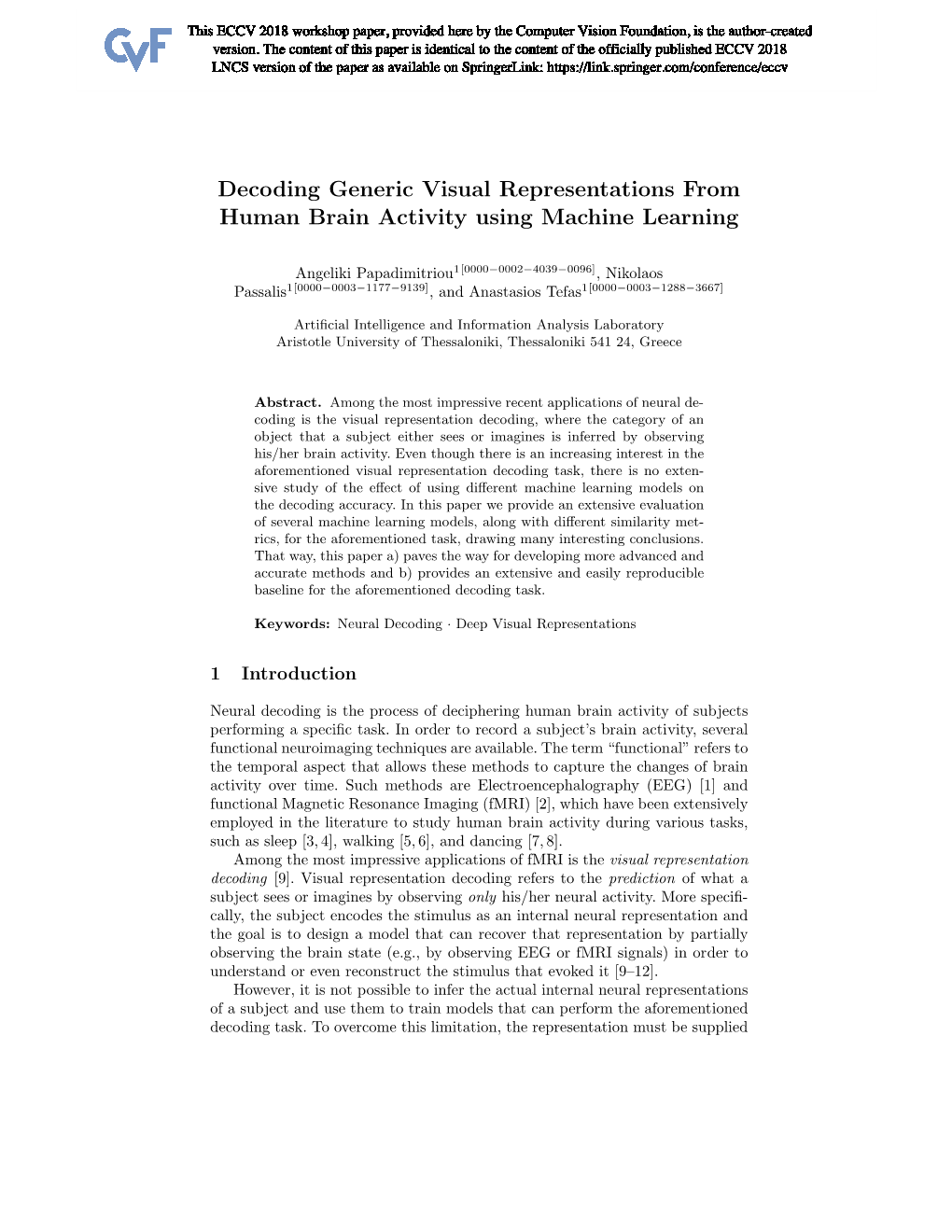 Decoding Generic Visual Representations from Human Brain Activity Using Machine Learning