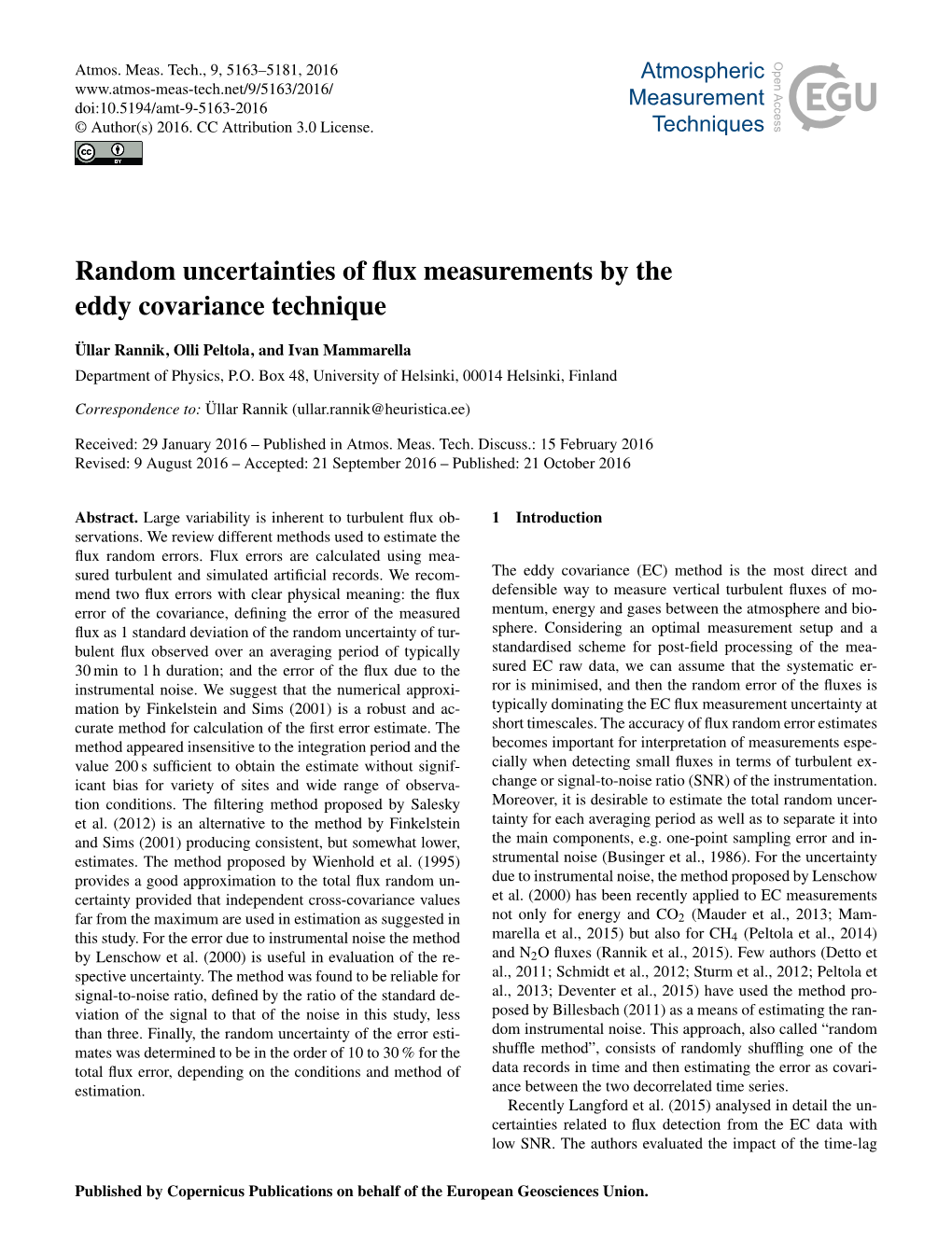 Random Uncertainties of Flux Measurements by the Eddy