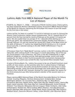 Larkins Adds First WBCA National Player of the Month to List of Honors
