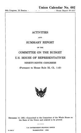 Union Calendar No. 602 99Th Congress, 2D Session - House Report 99-1017