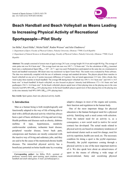 Beach Handball and Beach Volleyball As Means Leading to Increasing Physical Activity of Recreational Sportspeople—Pilot Study