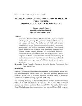 The Process of Constitution Making in Pakistan from 1947-1954: Historical and Political Perspective