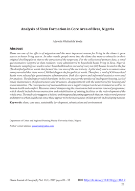 Analysis of Slum Formation in Core Area of Ilesa, Nigeria