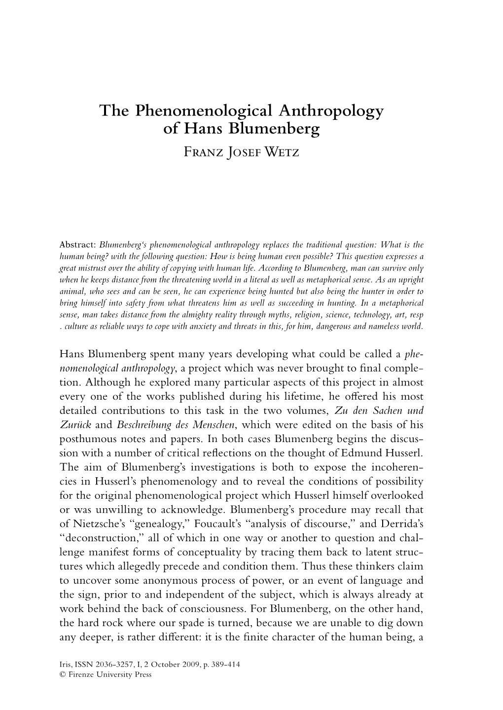 The Phenomenological Anthropology of Hans Blumenberg Franz Josef Wetz