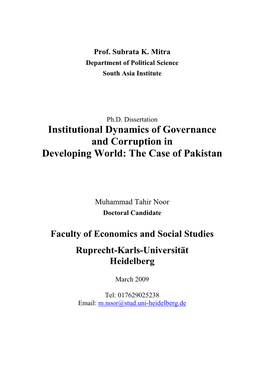 Institutional Dynamics of Governance and Corruption in Developing World: the Case of Pakistan