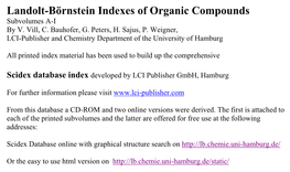 Landolt-Börnstein Indexes of Organic Compounds Subvolumes A-I by V