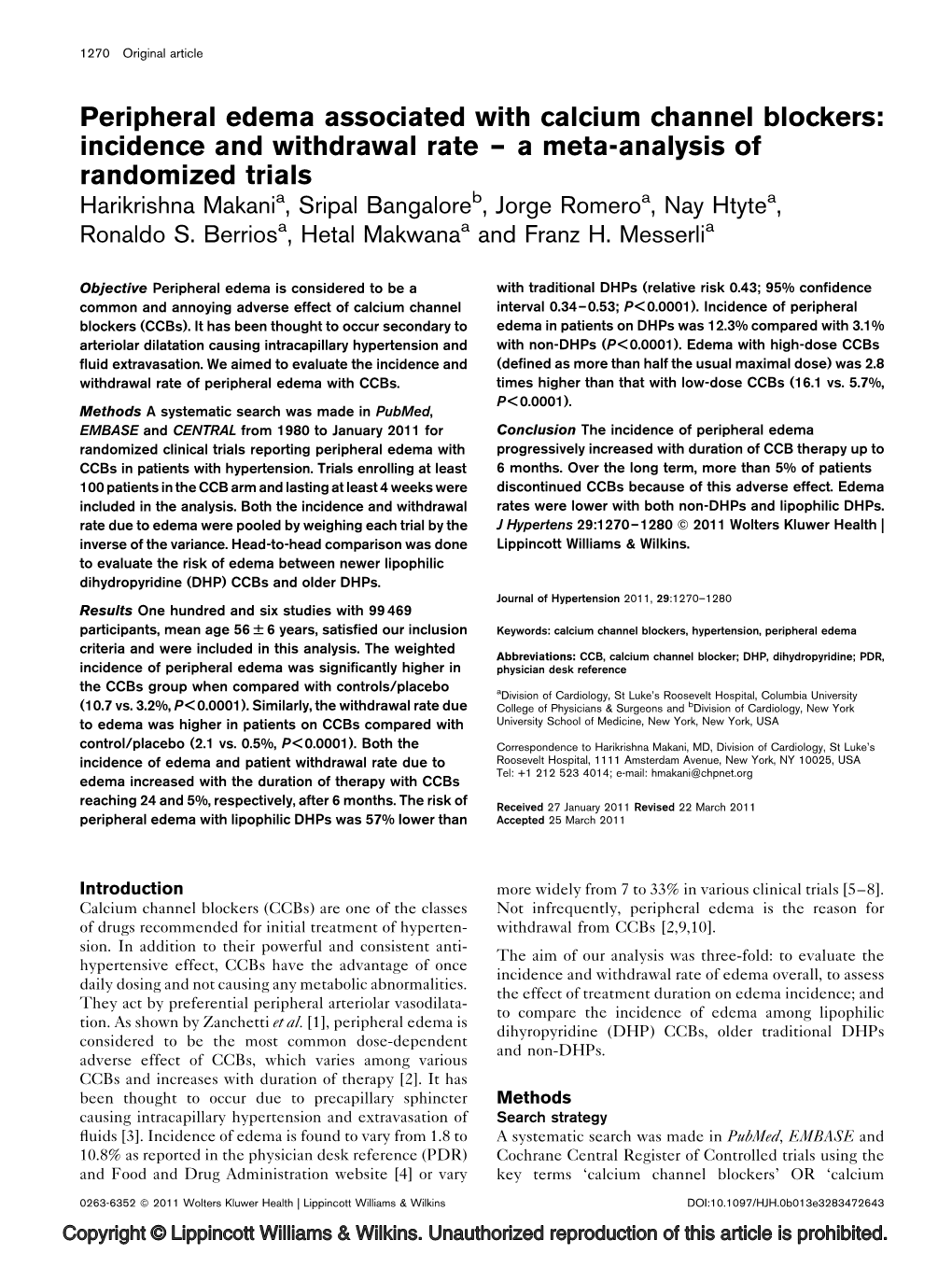 Peripheral Edema Associated With Calcium Channel Blockers - DocsLib