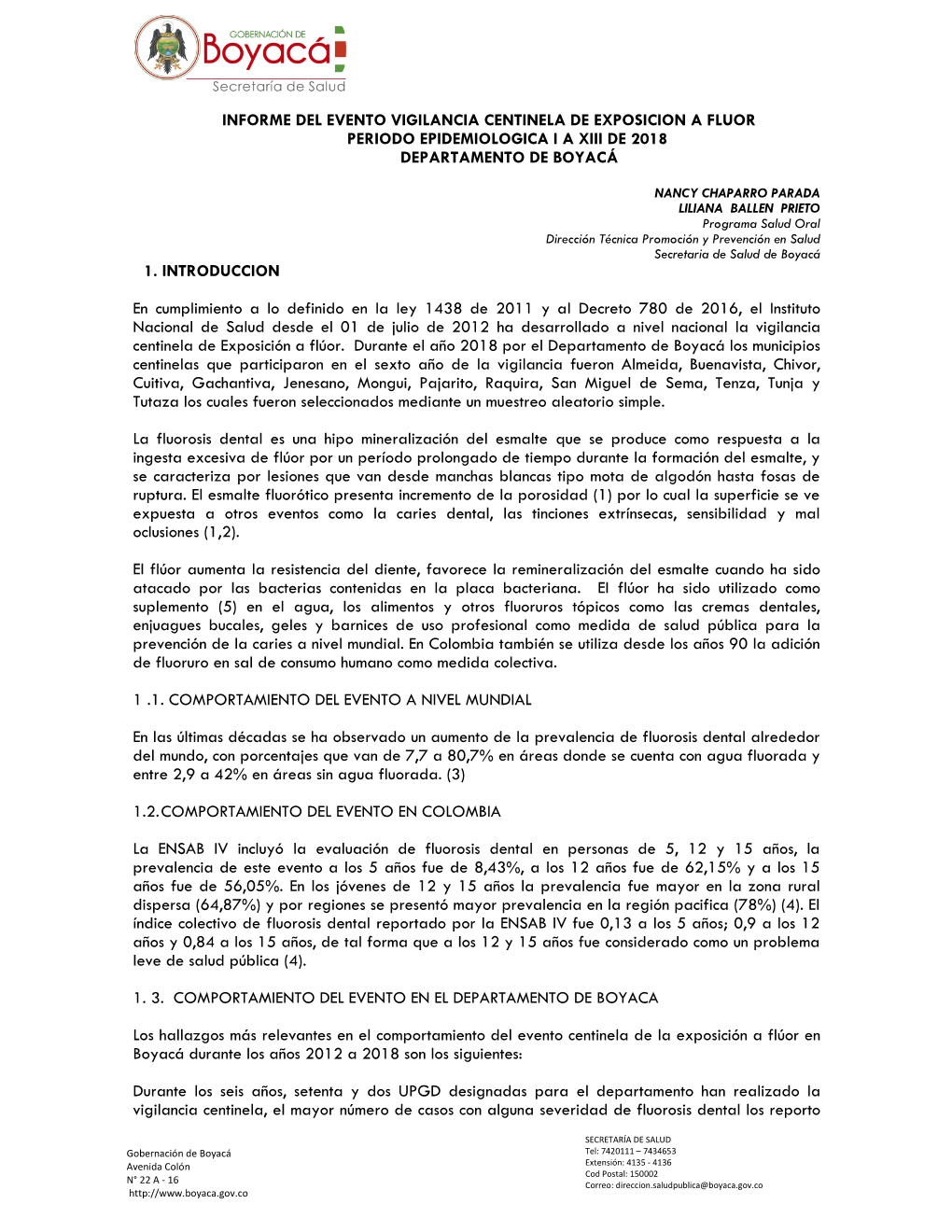 Informe Del Evento Vigilancia Centinela De Exposicion a Fluor Periodo Epidemiologica I a Xiii De 2018 Departamento De Boyacá