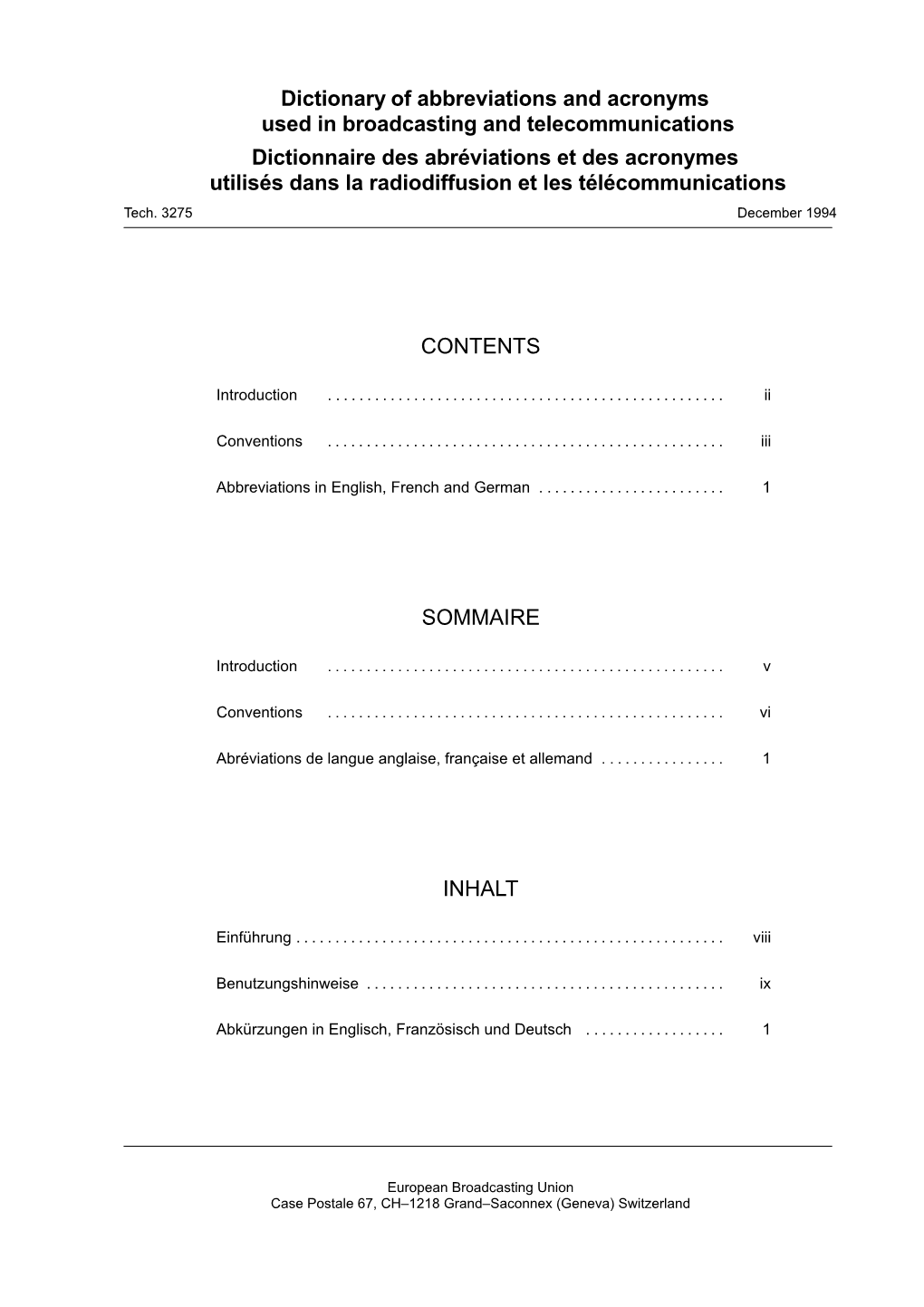 EBU Tech 3275-1994 Dictionary of Abbreviations and Acronyms In