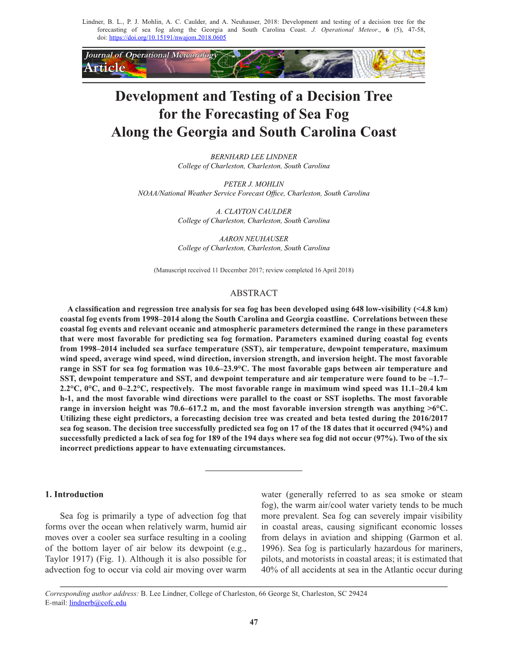 Development and Testing of a Decision Tree for the Forecasting of Sea Fog Along the Georgia and South Carolina Coast