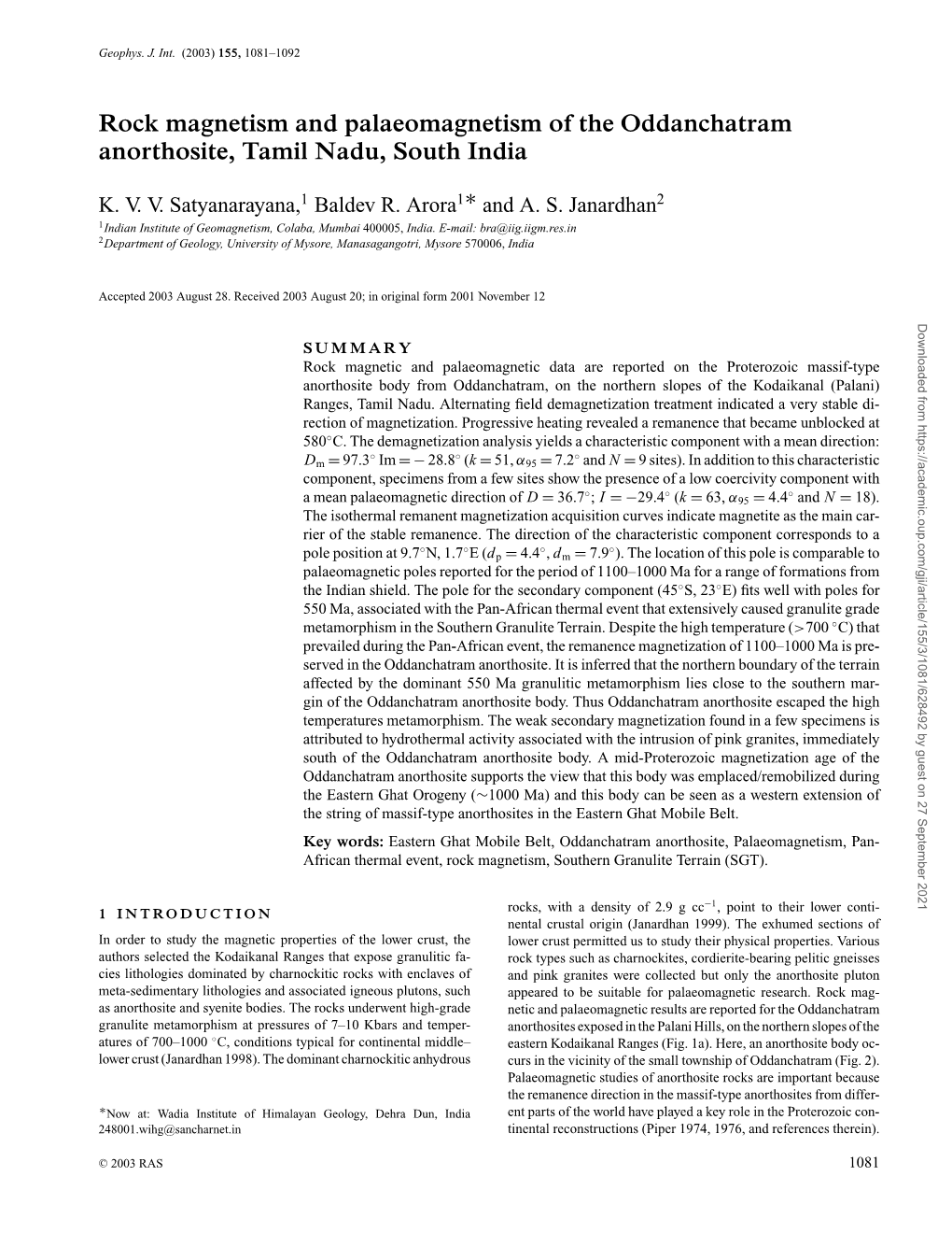 Rock Magnetism and Palaeomagnetism of the Oddanchatram Anorthosite, Tamil Nadu, South India ∗ K